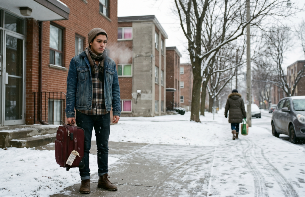 Current image: student on the street in after arrival in canada in winter